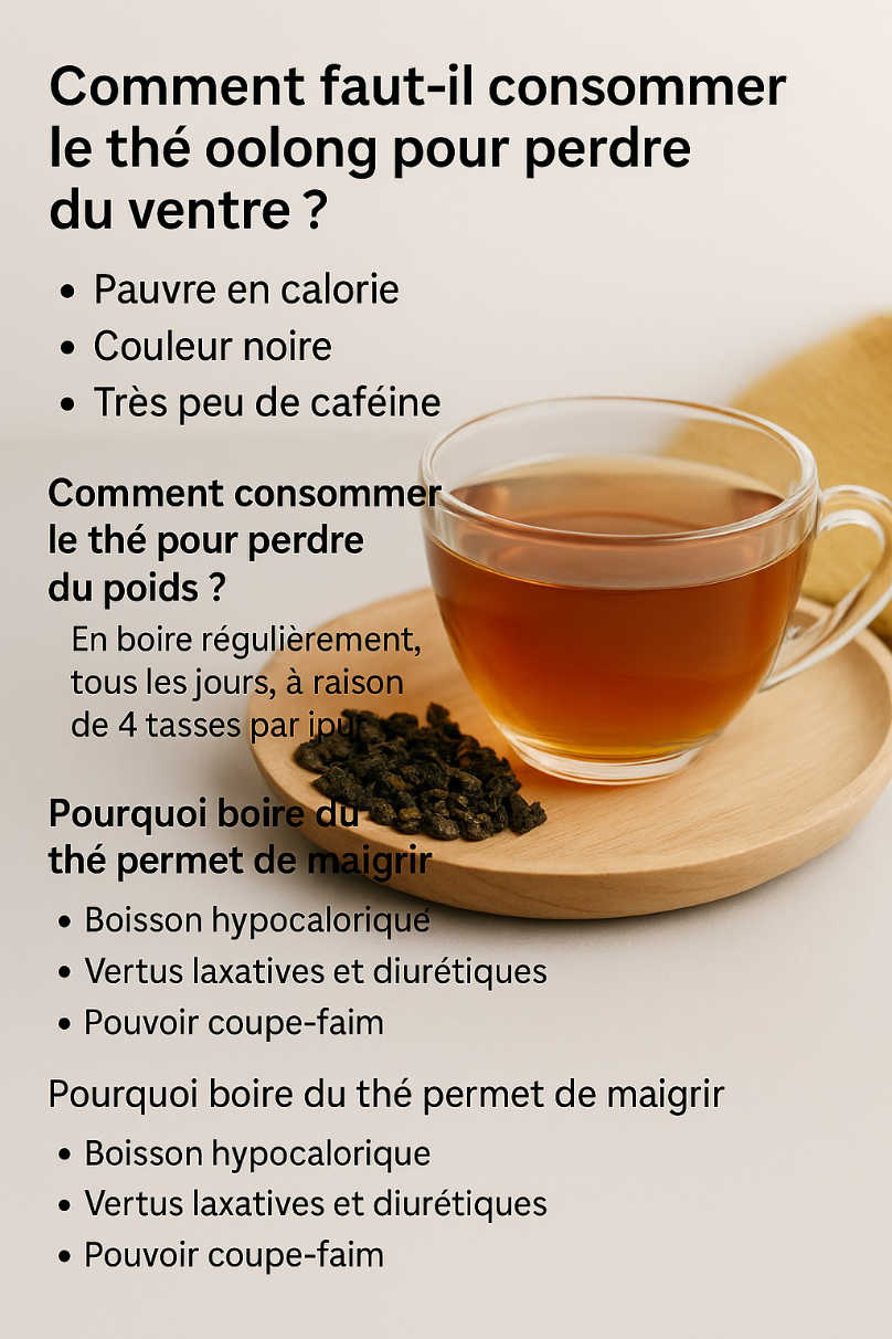 Thé oolong dans une tasse en verre avec des annotations en français sur ses bienfaits pour perdre du ventre, brûler les graisses et réduire l'appétit