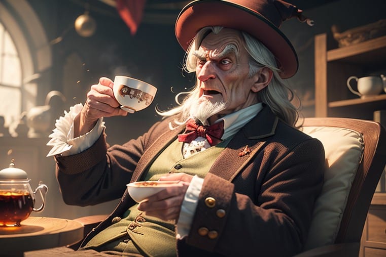 vieux grincheux scrooge boit tasse de thé