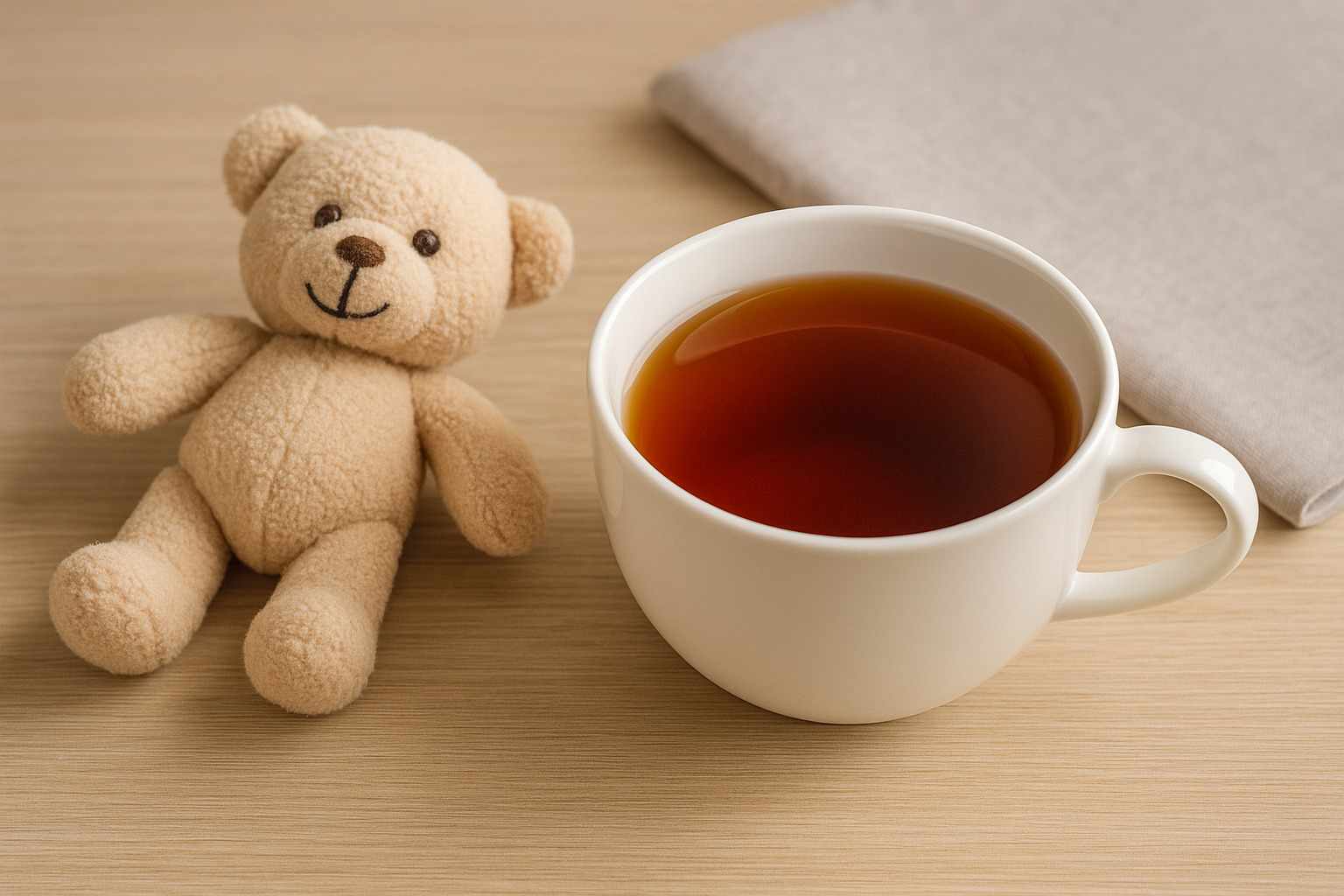 tasse de rooibos sur une table avec un doudou